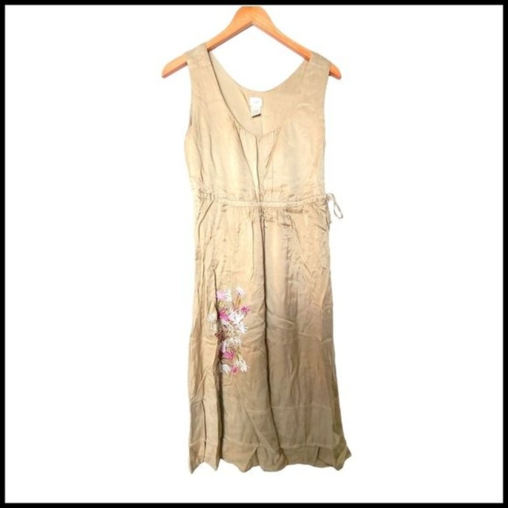 J Jill Midi Floral Embroidered Dress size 6 Gold Green Tie Waist